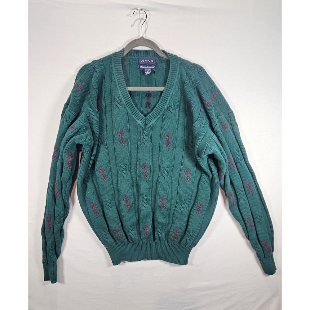 Vintage GANT Hand Framed V Neck Sweater‎ XL Green Navy 100% Cotton 90s Preppy